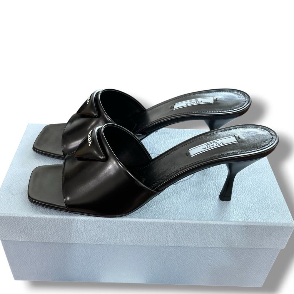 Prada Spazzolato Black Leather Triangle Logo 65mm Slide Sandals Size 9.5 EU39.5